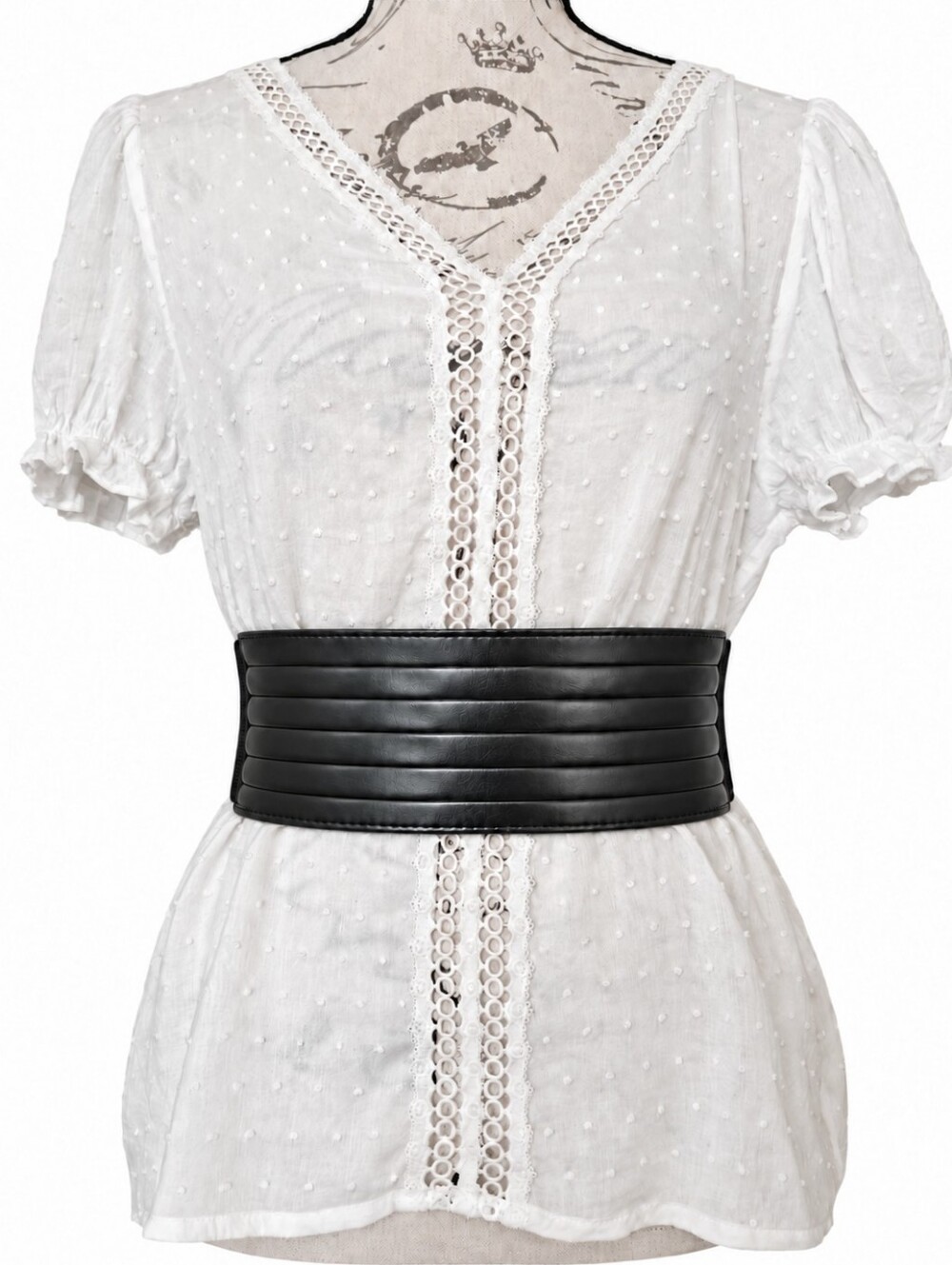 Corset Black Faux Leather Wide Waist Corset Statement Belt M/ L Elastic Stretch